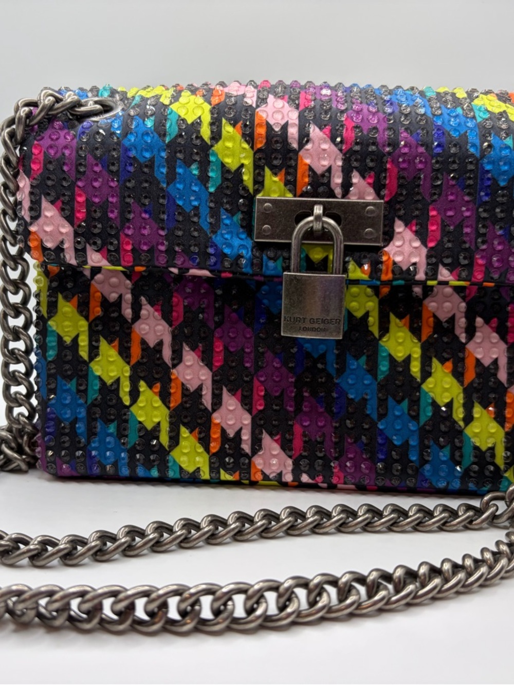 Kurt Geiger Multicolor Studded Houndstooth Crossbody Bag with Silver Chain